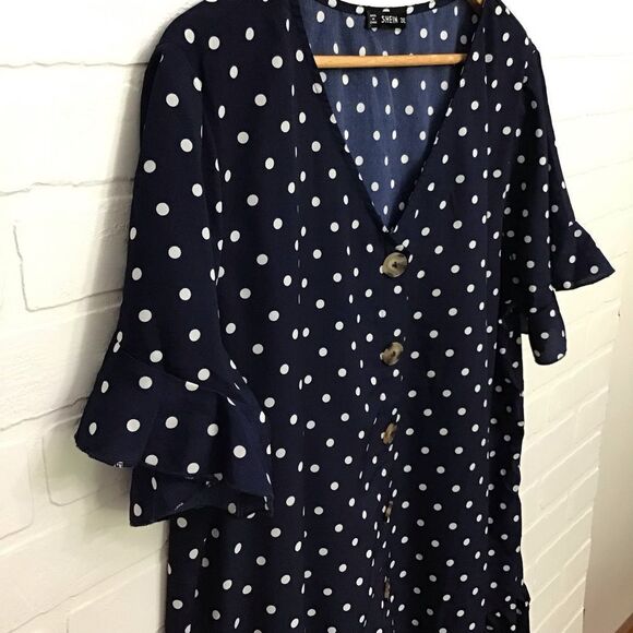 Shein 2XL Polka Dots Dress Navy Blue Plus Size lightweight woven button up v nec - Picture 3 of 11